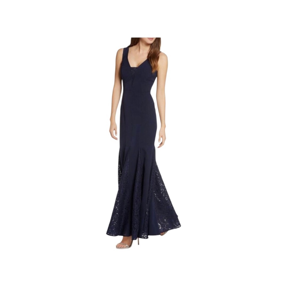 Eliza J     Navy Blue Lace Inset Laguna  Crepe Mermaid Trumpet Gown Size 4